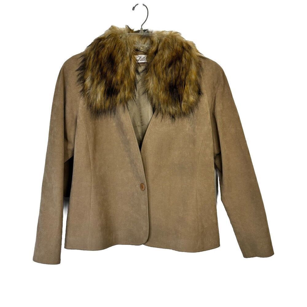 VTG Lilli Ann UltraSuede Jacket Coat Woman‎ Tan Faux Fur Collar 1 Button Union
